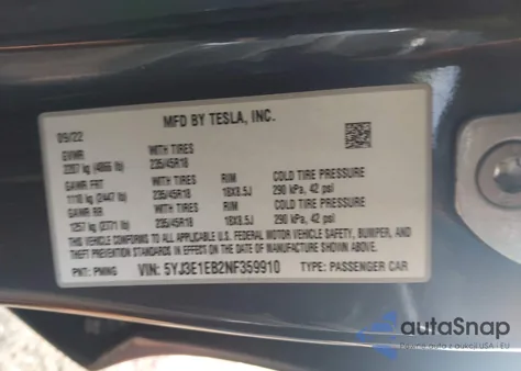 2022 Tesla Model 3 Long Range Dual Motor All-Wheel Drive from USA, damaged, VIN 5YJ3E1EB2NF359910